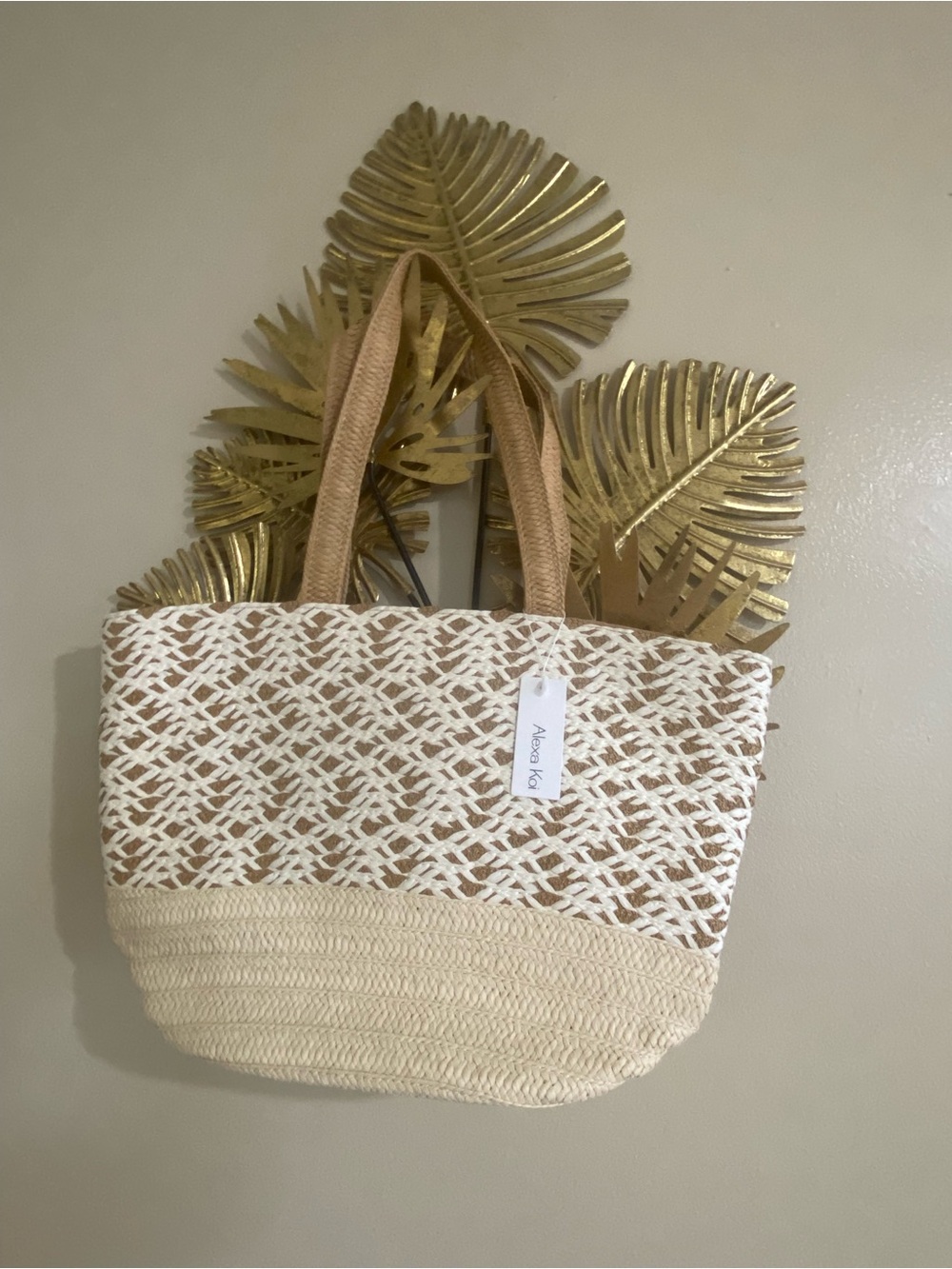 Neutral Woven Straw Tote with White Patterned Weave